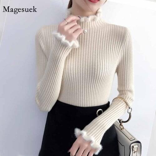 2020 Fashion Elegant Winter Ruffle Collar Sweet Jumper Women Knitted Sweater Solid Thick Ruffle Cuff Pullover Slim Sweater 12119