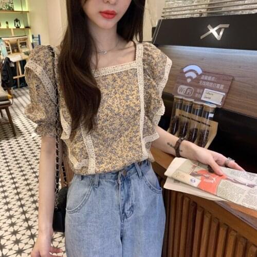 #4049 Brown Khaki Blouse Women Ruffled Square Collar Sexy Casual Chiffon Blouse Female Spliced Ruffles Thin Sexy Basic Blouse