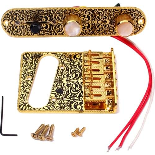 6 Saddle Top Loader Bridge with Control Plate, Screws, Wrench for Telecaster Guitar, Golden