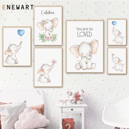 Watercolor Elephant Picture Cute Animal Nursery Custom Poster Child Wall Art Canvas Print Painting Nordic Kids Room Decor