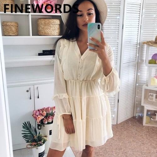 FINEWORDS White Beach Ruffles Dress Vintage Elegant Sexy V Neck Mini Dress Casual Loose Long Sleeve Party Korean Ladies Dresses