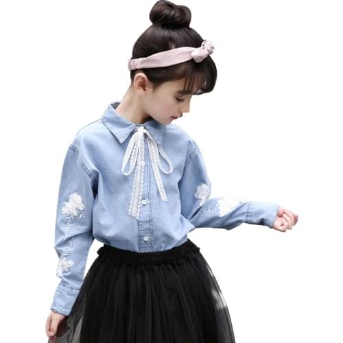 Spring Shirt For Girl Sequined Embroidery Girls Blouses Lace Bow Denim Blouse For Girls Autumn Korean Girls Clothes 6 8 10 12 14