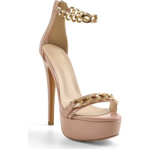 Richealnana Pink Champagne Color Summer Sandals Ankle Strap Platform Thin High Heel Golden Chain Fashion Large Size US5-15