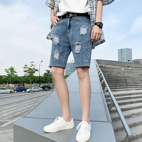 Summer Fashion Knee Length Men Jeans Male Hole Pants Simple Design College Korean Style Original Harajuku Solid color Denim