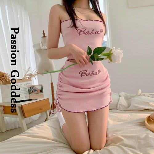 Hot Women Rhinestone Pink 2 Piece Sets Babe Letter Hot Drilling Crop Tops High Waist Drawstring Skirts Two Piece Party Outfits