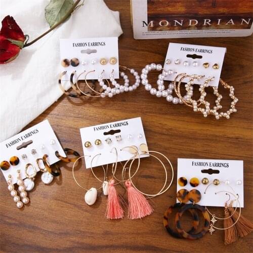 IFMIA Bohemian Fashion Shell Earrings Set For Women 2020 Flower Tassel Long Stud Earring 6pair/set Female Brincos Jewelry Boho