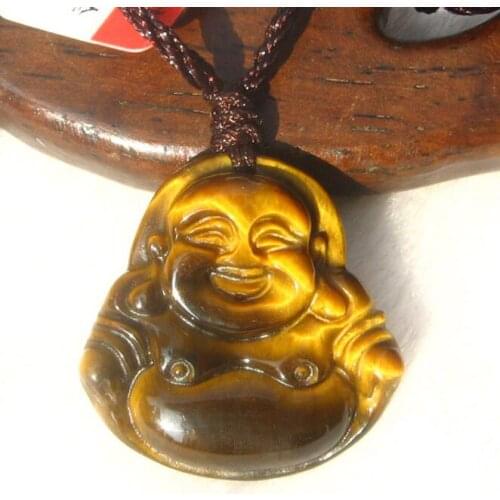 Joyería Fina gemas naturales piedra energética Buda sonriente colgante collar Ojo de Tigre amarillo colgante de piedra Nat