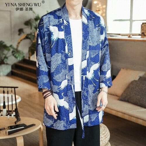 New Male Japanese Kimono Cosplay Crane Print Yukata Long Coat Men Women Harajuku Shirt Haori Cardigan Asian Traditional Costumes