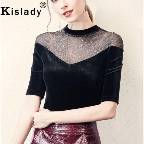 Kislady 2020 Spring Summer Round Neck Sexy Transparent New Tops Patchwork Half Sleeve Tshirt Korean Womens Hot Vintage Shirts