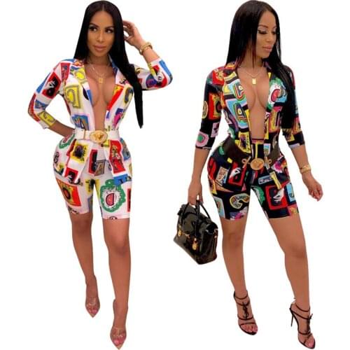 Sexy Casual 2 Two Piece Set Women Half Sleeve Hollow out Crop Top Print Coat Jacke + Hot Pants Ladies 2Pcs Outfits Sexy Clubwear