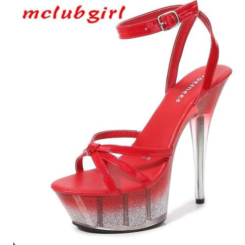 Mclubgirl Sexy Stripper Women Shoes Woman Bling Platform Sandals 14.5CM High Heels Female Sandals Cross Straps Red Shoe LFD
