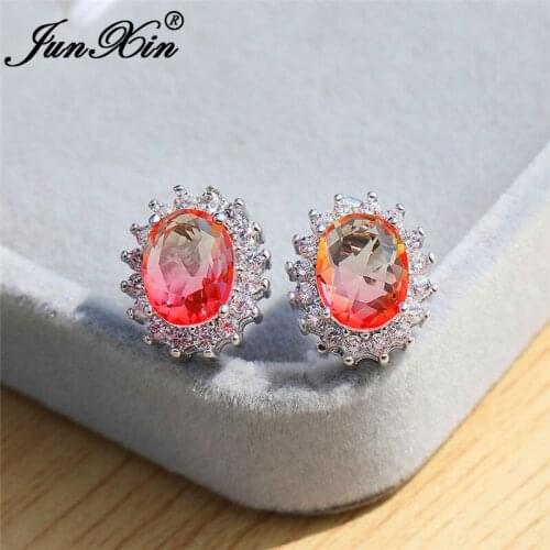 Cute Pink Yellow Gradient Rainbow Fire Crystal Sunflower Earring White Gold Colorful Zircon Wedding Oval Stud Earrings For Women