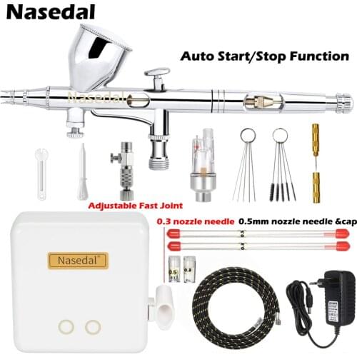 Nasedal NT-24W 0.2mm Dual-Action Auto-Stop Airbrush Compressor 9cc 0.3mm 0.5mm Spray Gun for Model Makeup Nail Art Cake Car