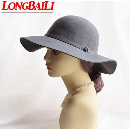 Casual Wide Brim Wool Felt Floppy Hats For Women Chapeu Grey Sun hats Female Free Shipping PWFE072