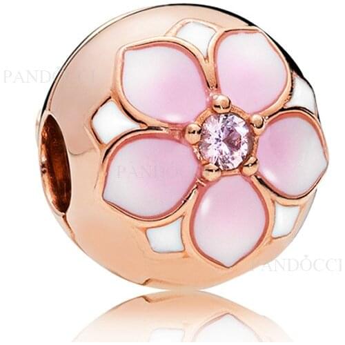 QANDOCCI Fits for Pandora Charms Bracelets Rose Magnolia Bloom Clip Blush Pink Crystal Beads 100% 925 Sterling-Silver-Jewelry