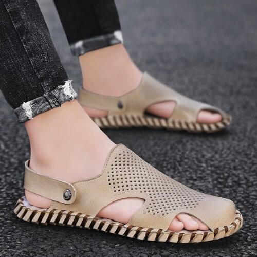 Mens Genuine Leather Sandals handmade sewing Summer Lightweight Non-slip Mens Shoes Outdoor Beach Sandals Men Casual Shoes