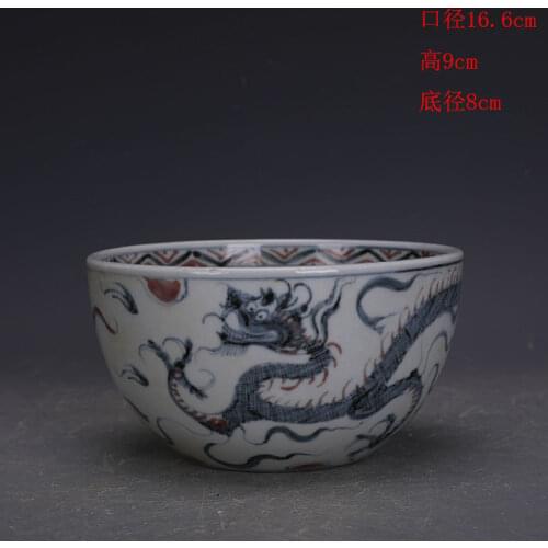 Ming Jianwen blue and white glaze red hand-painted dragon pattern porcelain bowl
