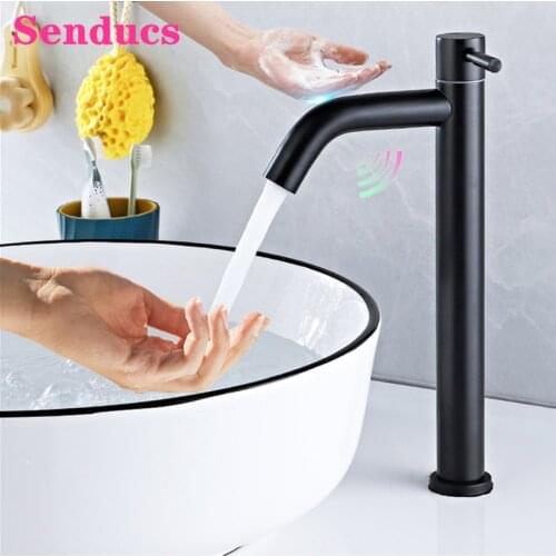Touch Basin Faucets Senducs Single Cold Bathroom Basin Sink Faucet Matte Black Sensor Basin Tap Smart Touch Bathroom Fauets