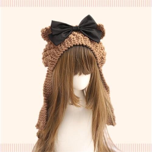 Handmade Lolita Kawaii Girl Camel Bear Ear With Bowknot Warm Woolen Hat Winter Ear Muff Knitted Cap D559