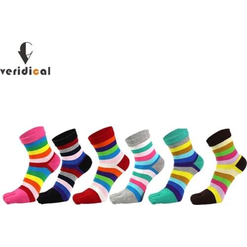 Veridical 5 Pairs/Lot Colorful Striped Women Toe Socks Rainbow Crew Striped Cotton Sock Ladies Casual Cute Five Fingers Socks