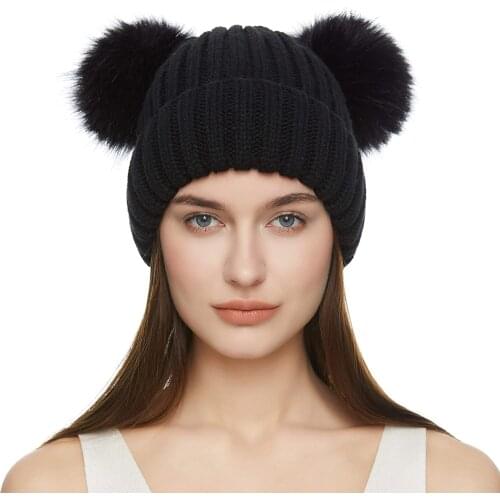 High Quality Winter Beanie Hat for Women Knitted Double Pom Pom Faux Fur Raccoon Ball Cap Bobble Skull Hats Outdoor Warm