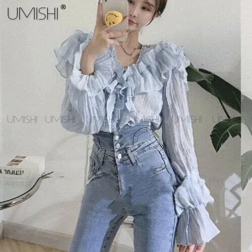 Ruffled O-Neck Flare Long Sleeve Chiffon Women Blouse See Through Fairycore Elegant Fashion Lady Shirt Spring Sumer New Clothes