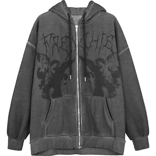 Women Hip Hop Streetwear Hoodies Women Angel Dark Print Jacket Coat Goth Harajuku Y2k Clothes Punk Jacket Outwear Zipper men
