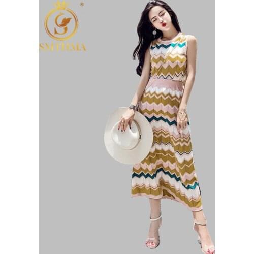 SMTHMA 2021 New Style Sleeveless Colorful wavy Sweater Top +2pcs Casual Knitting Suits Women Trendy Spring Set