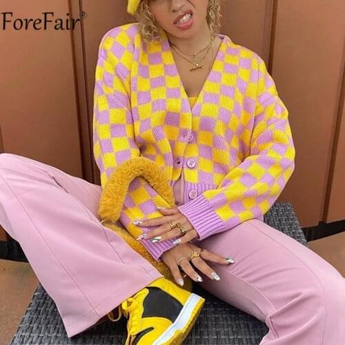 Forefair 2021 Autumn Winter Women Sweater Crop Top Print V Neck Buttons Fashion Casual Loose Knitted Long Sleeve Cardigan