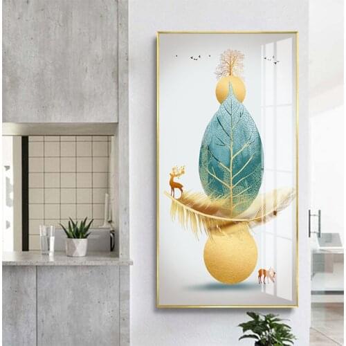 Golden tree Deer green leaf feather Modern Abstract porch Living Room Pictures Elk flying swallow and deer art mural Paintings