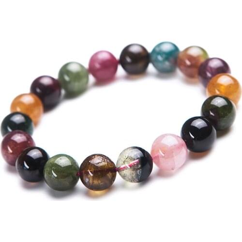 11mm Natural Colorful Tourmaline Gems Crystal Round Beads Bracelet For Women Transparent Stretch Charm Bracelet Femme