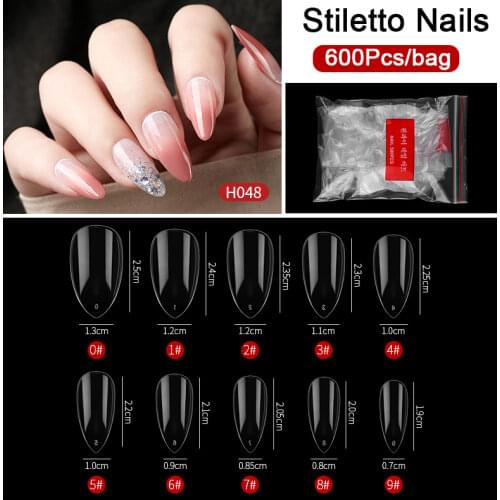 1 X 600Pcs Clear Short Fake Nails Art Acrylic Stiletto Full Cover False Nail Tips Almond Shape Manicure Press On Nails Tools