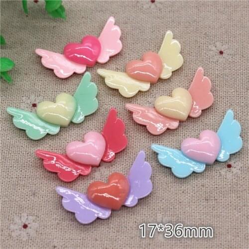 20pcs Mix Colors Cute Resin Love Heart Wing Miniature Art Flatback Cabochon DIY Craft Decoration,17*36mm