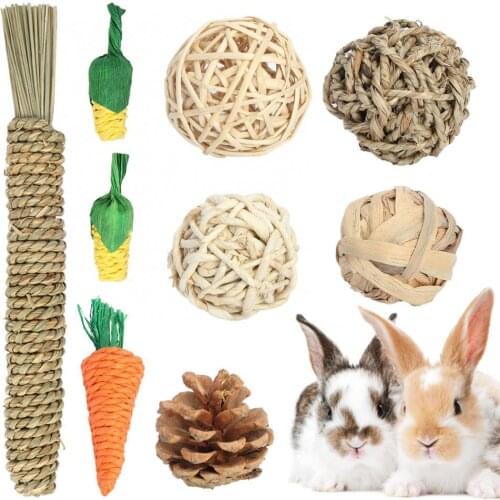 9Pcs Rabbit Chew Toys Natural Material Handmade Teeth Grinding Toys Bunny Small Animal Chew Treats Rabbits Guinea Accessories