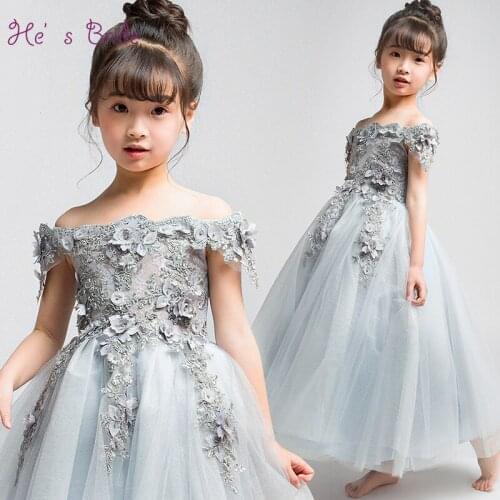Hes Bride Boat Neck Appliques Ball Gown Ankle-Length Tulle Grey Flower Girl Dresses Custom Pageant Communion Dresses
