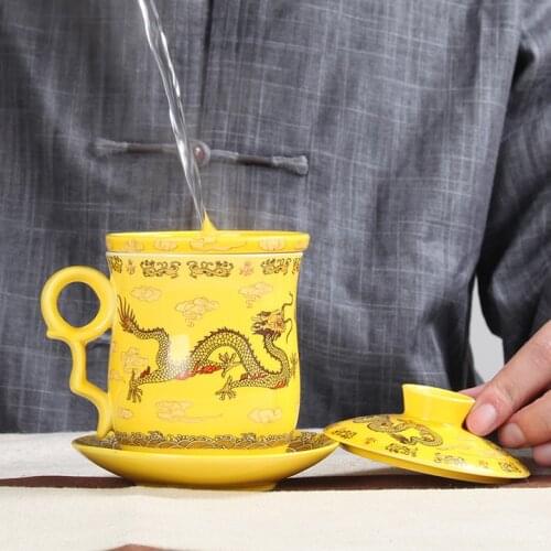 Free shipping Jingdezhen dragon cup 4pcs set ceramic mug with cover filter office meeting personal tea porcelain elegant tea set