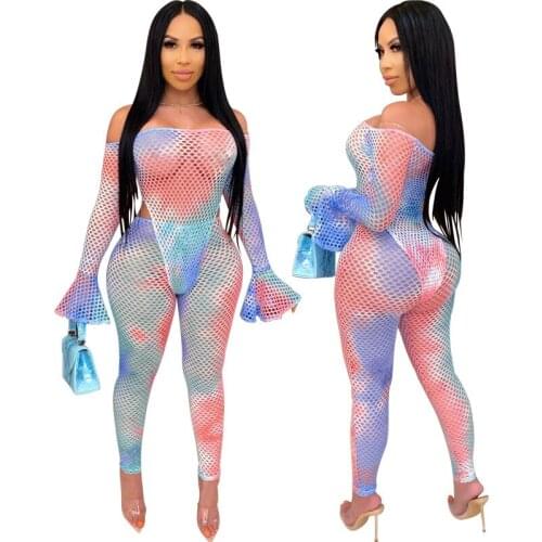 BKLD Mesh Print Night Clubwear Off The Shoulder Long Sleeve Bodysuit And Pants Party Two Piece Set Tie Dye Outfit Summer 2020