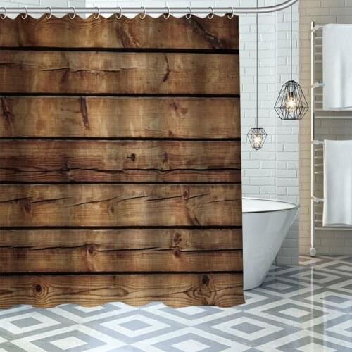 Custom High Quality Wood Shower Curtain Waterproof Bathroom Polyester Fabric Bathroom Curtain With Hooks