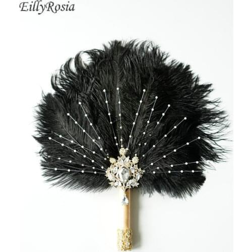 EillyRosia Gold Brooch Bridal Fan Black Alternative Ostrich Feather Fan Bridal Bouquet Gatsby 1920s Bouquet Bidesmaid Fan Pearls