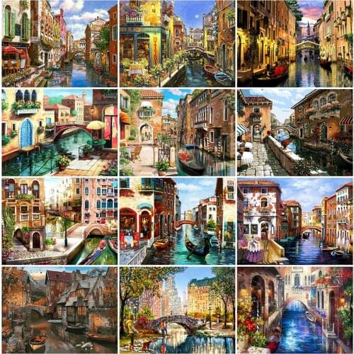 EverShine 5D DIY Diamond Painting Town Landscape Cross Stitch Diamond Mosaic Bridge Beaded Embroidery River Decor For Home
