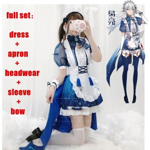 Fairy Women Maid Outfit Anime Short Sleeve Chiffon Harujuku Dress Sweet Blue and White Lolita Dress Halloween Lolita Dress