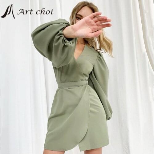 French Women Mini Irregular Dress Skirt Spring Autumn A-Line Lantern Sleeve Ladies Work Office V-Neck Bodycon Party Vestido