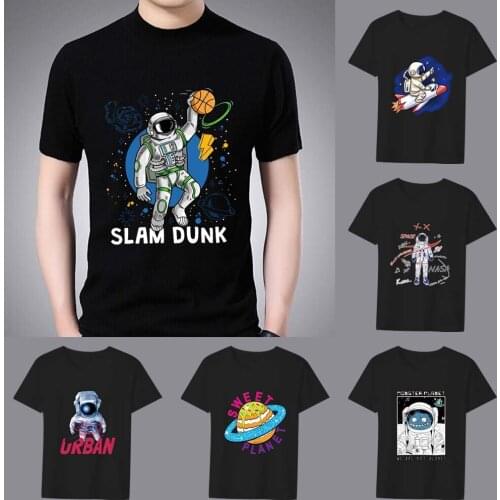 T-shirt Mens Fashion Casual Anime Cartoon Fantasy Astronaut Print Pattern Series Top O-neck Slim Commuter Black Mens Shirt
