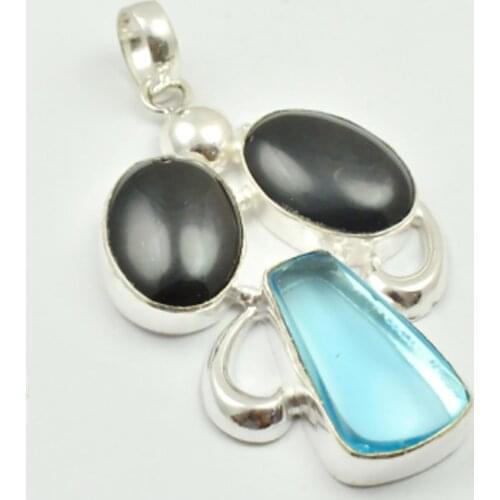 Iolite & Black Onyx Pendant Silver Overlay over Copper , 60 mm, P3332