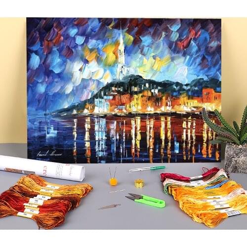 Oil Painting Style Harbor Printed Fabric 11CT Cross-Stitch Embroidery Set DMC Threads Handicraft Hobby Handiwork Needle