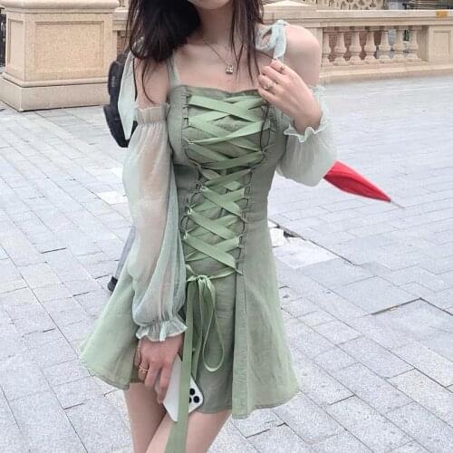 Sweet Puff Sleeve Slim Korean Bandage Gothic Dress Japanese Black Green Sexy Lolita Dresses Soft Girl Kawaii Party Mini Dresses