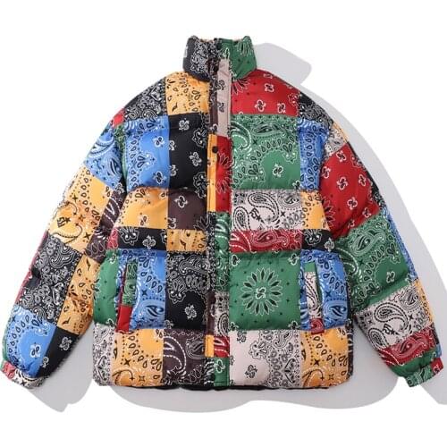 Men Cashew Puffer Parkas Thick Winter New Colorblock Printing Warm Cotton Coat Fashion Oversize Hip Hop Jacket Streetwear