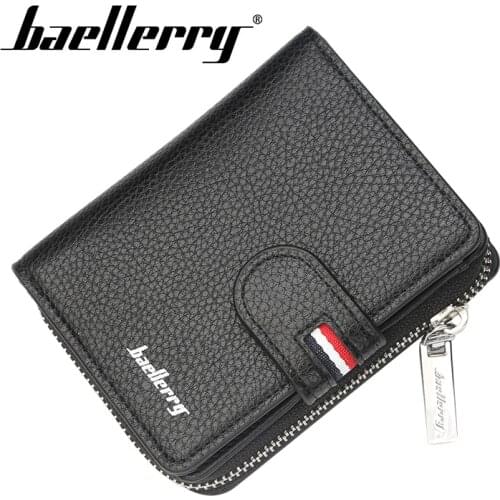 Baellerry Men Short Wallet Zipper Hasp PU Leather Solid Purse Coin Pocket Card Photo Holder Wallet Casual Standard Wallets
