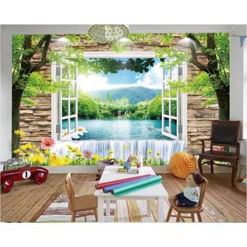Custom mural on the wall paper 3d Brick wall window mountain waterfall scenery home decor photo wallpaper in the living room