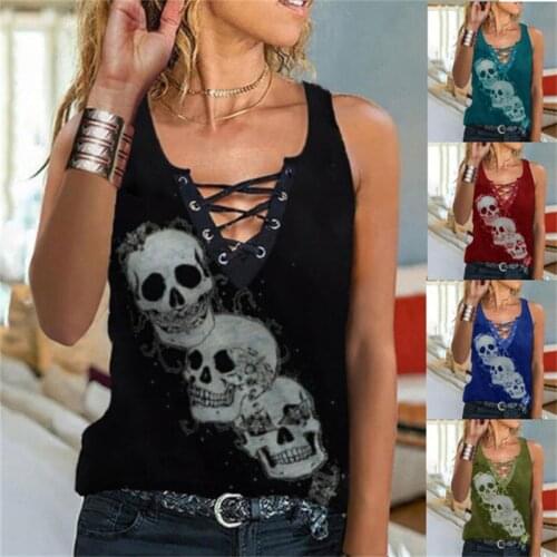 New Womens Fashion Lace V-neck Sleeveless T-shirt Sexy Skull Print Vest Vintage Off Shoulder Casual Tank Top Hip Hop Punk Tee